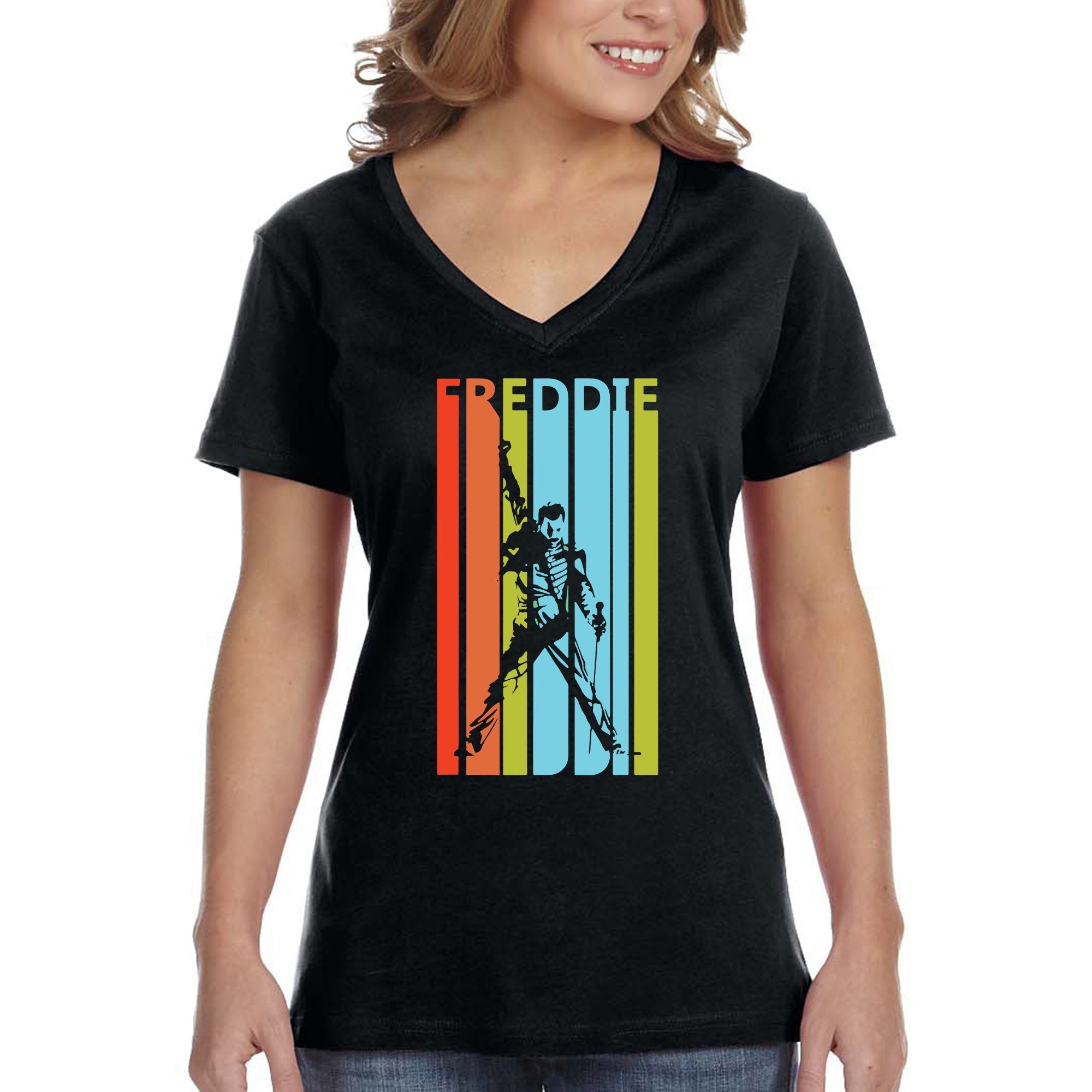 XtraFly Apparel Women's Freddie Mercury Queen Music V-neck Short Sleeve T-shirt