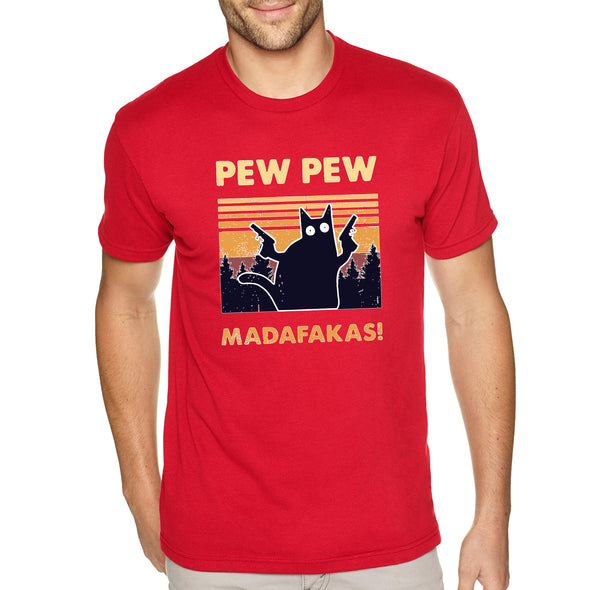 XtraFly Apparel Men&#39;s Tee Pew Pew Madafakas Cat Gun Pistol Kitty Kitten Silhouette Sunset Pet Animal Lover Siamese Tabby Crewneck T-shirt