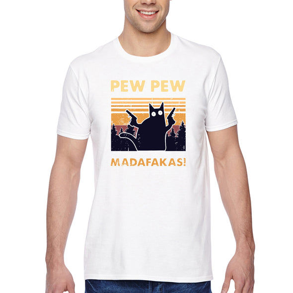 XtraFly Apparel Men&#39;s Tee Pew Pew Madafakas Cat Gun Pistol Kitty Kitten Silhouette Sunset Pet Animal Lover Siamese Tabby Crewneck T-shirt