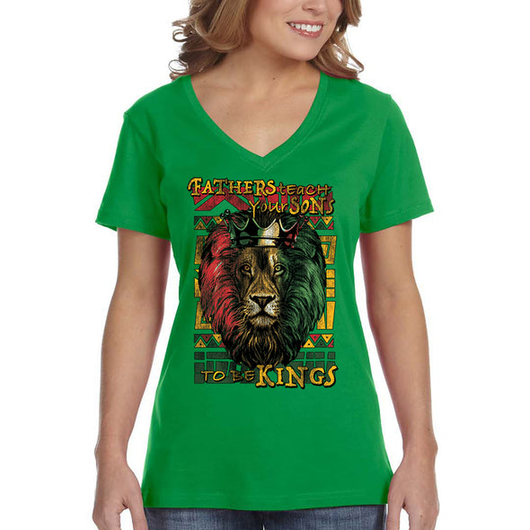 XtraFly Apparel Women&#39;s Fathers Teach Sons Kings Lion Black Lives Matter BLM African American Pride Rasta Rastafari Tiger V-neck T-shirt
