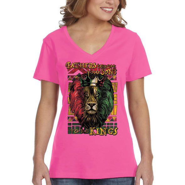 XtraFly Apparel Women&#39;s Fathers Teach Sons Kings Lion Black Lives Matter BLM African American Pride Rasta Rastafari Tiger V-neck T-shirt
