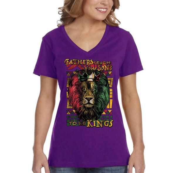 XtraFly Apparel Women&#39;s Fathers Teach Sons Kings Lion Black Lives Matter BLM African American Pride Rasta Rastafari Tiger V-neck T-shirt