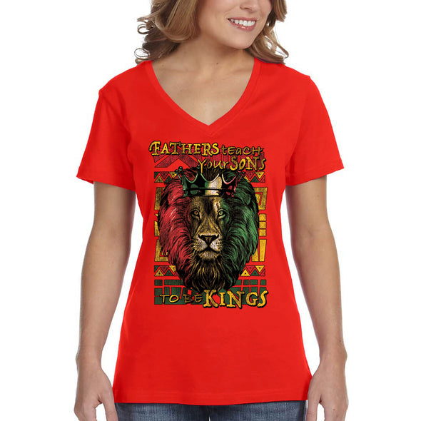 XtraFly Apparel Women&#39;s Fathers Teach Sons Kings Lion Black Lives Matter BLM African American Pride Rasta Rastafari Tiger V-neck T-shirt