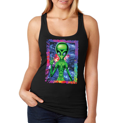 XtraFly Apparel Women&#39;s Alien Space Peace Sign Galaxy Cosmic E.T. Earth Astronaut UFO Rocket Ship Explosion Neon Tie Dye Mars Moon Racerback
