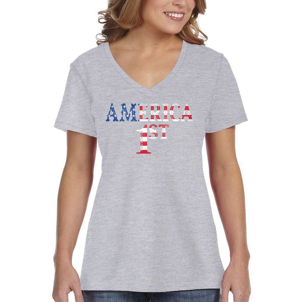 XtraFly Apparel Women&#39;s America First Patriot USA Pride American 2nd Amendment Gun Trump Military Veteran 4th July Fourth V-neck T-shirt