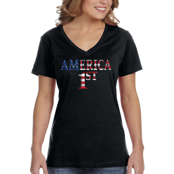 XtraFly Apparel Women&#39;s America First Patriot USA Pride American 2nd Amendment Gun Trump Military Veteran 4th July Fourth V-neck T-shirt