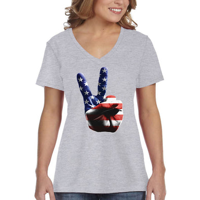 XtraFly Apparel Women&#39;s American Peace Hand America Flag USA Pride 2nd Amendment Gun Trump Military Veteran 4th July Fourth V-neck T-shirt