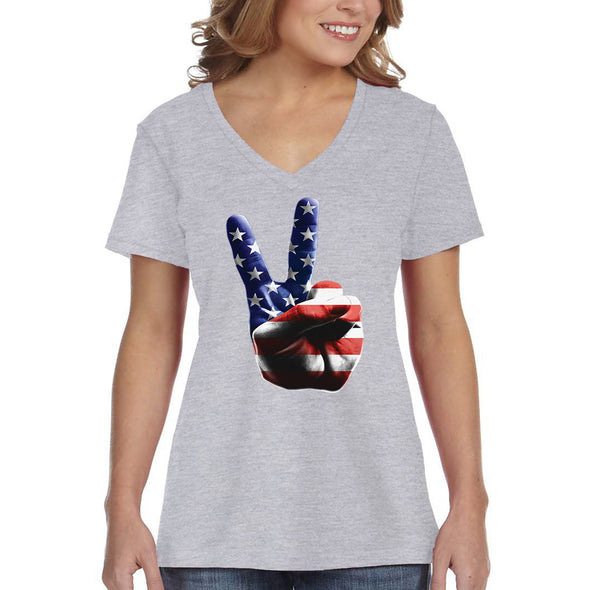 XtraFly Apparel Women&#39;s American Peace Hand America Flag USA Pride 2nd Amendment Gun Trump Military Veteran 4th July Fourth V-neck T-shirt