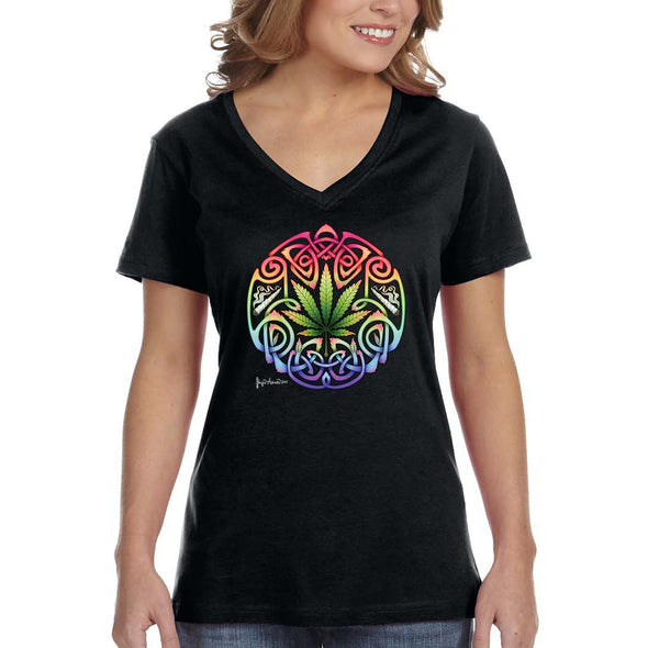 XtraFly Apparel Women&#39;s Celtic Smokes Knot Weed Leaf Mandala Psychedelic 420 Marijuana Kush Dope High Stoner Joint Blunt Bong V-neck T-shirt