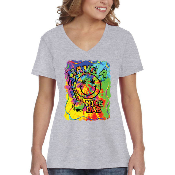 XtraFly Apparel Women&#39;s Have A Nice Dab Smiley Face Neon Tie Dye Psychedelic Weed Leaf Bong High Stoner Joint Kush Dope Bud V-neck T-shirt