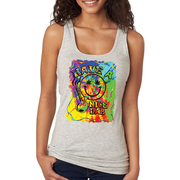 XtraFly Apparel Women&#39;s Have A Nice Dab Smiley Face Neon Tie Dye Psychedelic Weed Leaf Bong High Stoner Joint Kush Dope Blunt Bud Racerback