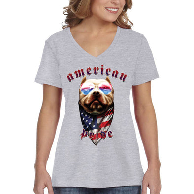 XtraFly Apparel Women&#39;s American Pride Dog Pitbull Gangster America Flag USA 2nd Amendment Gun Trump Military 4th July Fourth V-neck T-shirt