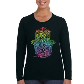 XtraFly Apparel Women&#39;s Rainbow Hamsa Hand Khamsa Evil Eye Star of David Faith Jew Jewish Judaism Islam Muslim Hebrew Long Sleeve T-Shirt