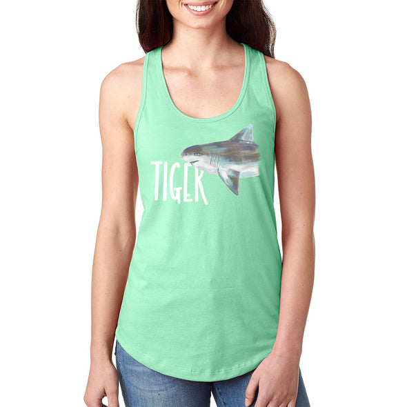 XtraFly Apparel Women&#39;s Tiger Shark Great White Hammer Head Mako Blue Fish Fishing Ocean Sea Swim Swimming Fisherman Diving Beach Racerback