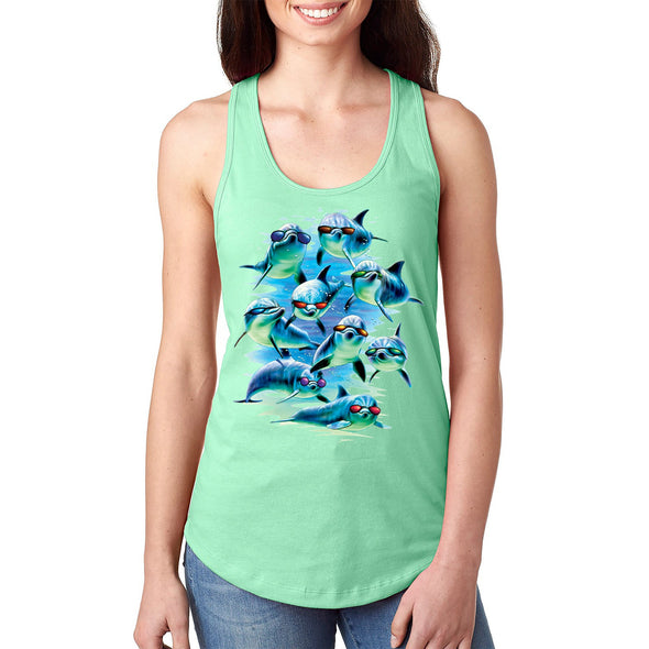 XtraFly Apparel Women&#39;s Mob Squad Dolphin Pod Swim Swimming Fish Fishing Diving Surf Surfing Vacation Great White Shark Mako Ocean Racerback