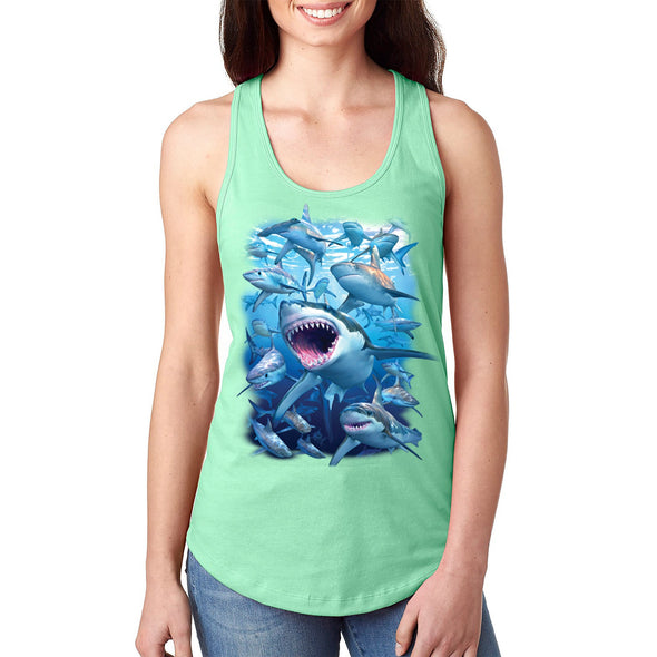 XtraFly Apparel Women&#39;s Shark Club Great White Hammer Head Mako Blue Tiger Bull Swimming Ocean Fish Fishing Diving Boating Beach Racerback
