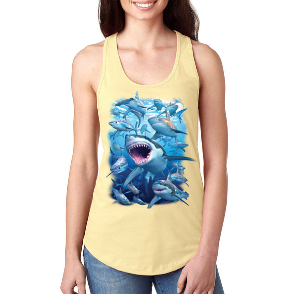 XtraFly Apparel Women&#39;s Shark Club Great White Hammer Head Mako Blue Tiger Bull Swimming Ocean Fish Fishing Diving Boating Beach Racerback