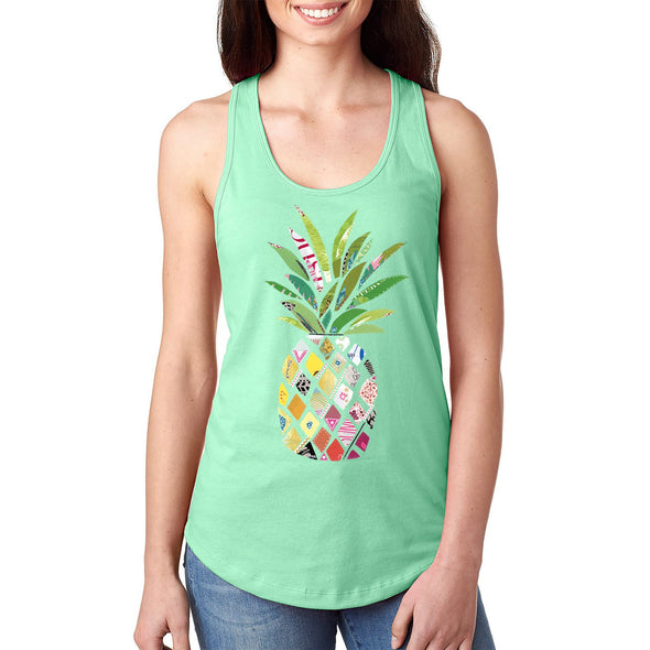 XtraFly Apparel Women&#39;s Patterned Pineapple Beach Vacation Summer Tropical Fruit Hawaii Hawaiian Mango Coconut Pina Colada Ocean Racerback