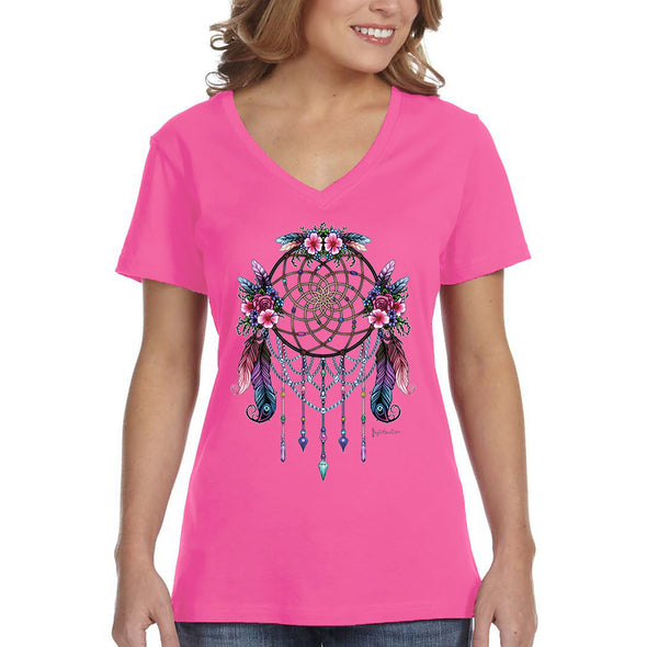 XtraFly Apparel Women&#39;s Dreamcatcher Flowers Native American Tribal Spirit Ojibwe Chippewa Cherokee Indian Tribe Spiritual V-neck T-shirt