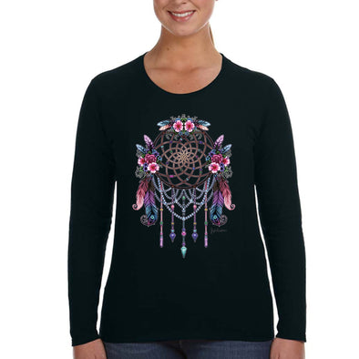 XtraFly Apparel Women&#39;s Dreamcatcher Flowers Native American Tribal Spirit Ojibwe Chippewa Cherokee Indian Spiritual Long Sleeve T-Shirt