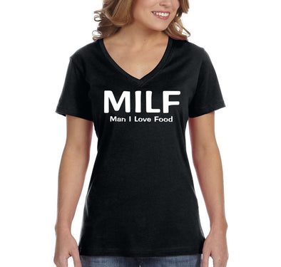 XtraFly Apparel Women&#39;s MILF Man I Love Food Mother&#39;s Day Motherhood Proud Momma Madre Mommy Grandma Grandmother Nana Mama V-neck T-shirt