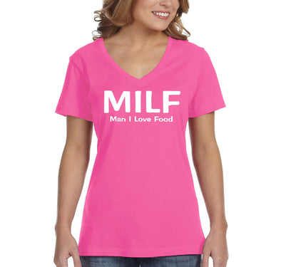 XtraFly Apparel Women&#39;s MILF Man I Love Food Mother&#39;s Day Motherhood Proud Momma Madre Mommy Grandma Grandmother Nana Mama V-neck T-shirt