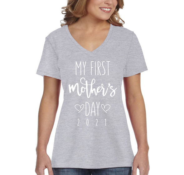 XtraFly Apparel Women&#39;s My First Mother&#39;s Day 2021 Motherhood Proud Momma Madre Mommy Grandma Grandmother Nana Mama Granny V-neck T-shirt