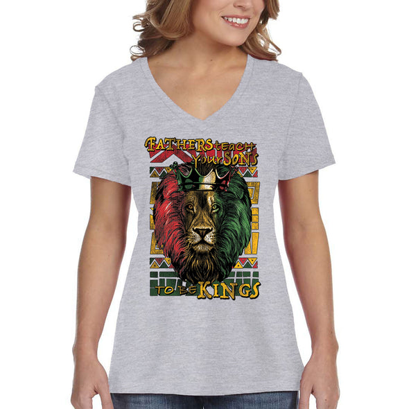 XtraFly Apparel Women&#39;s Fathers Teach Sons Kings Lion Black Lives Matter BLM African American Pride Rasta Rastafari Tiger V-neck T-shirt