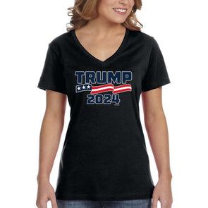 XtraFly Apparel Women&#39;s Trump 2024 Donald Presidential Election Political President USA American Flag Vote Voting Politics V-neck T-shirt