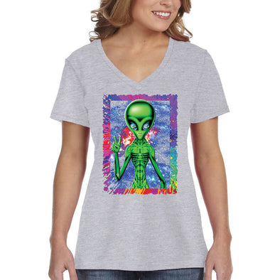 XtraFly Apparel Women&#39;s Alien Space Peace Sign Galaxy Cosmic E.T. Earth Astronaut UFO Rocket Explosion Neon Tie Dye Mars Moon V-neck T-shirt