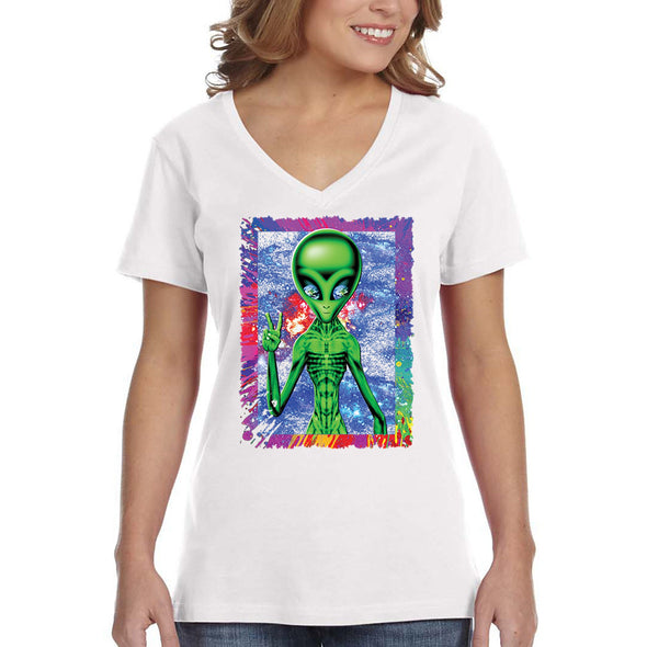 XtraFly Apparel Women&#39;s Alien Space Peace Sign Galaxy Cosmic E.T. Earth Astronaut UFO Rocket Explosion Neon Tie Dye Mars Moon V-neck T-shirt