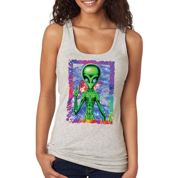 XtraFly Apparel Women&#39;s Alien Space Peace Sign Galaxy Cosmic E.T. Earth Astronaut UFO Rocket Ship Explosion Neon Tie Dye Mars Moon Racerback