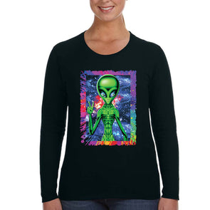 XtraFly Apparel Women&#39;s Alien Space Peace Sign Galaxy Cosmic E.T. Earth Astronaut UFO Rocket Explosion Neon Tie Dye Moon Long Sleeve T-Shirt