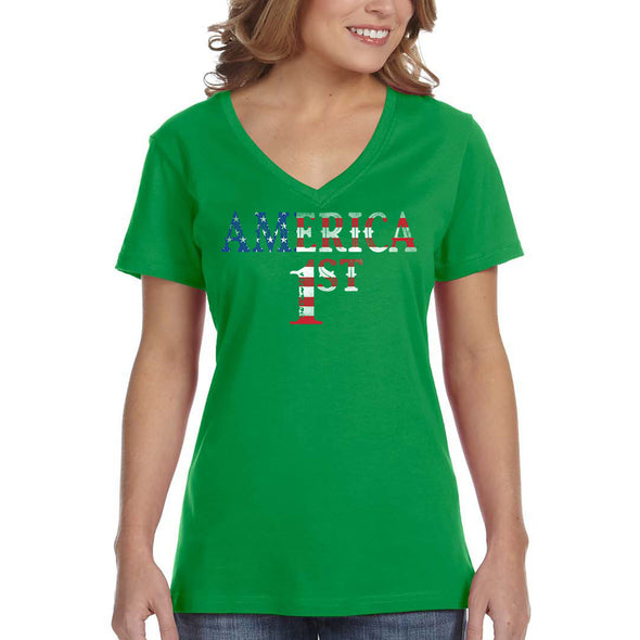 XtraFly Apparel Women&#39;s America First Patriot USA Pride American 2nd Amendment Gun Trump Military Veteran 4th July Fourth V-neck T-shirt