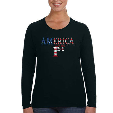 XtraFly Apparel Women&#39;s America First Patriot USA Pride American Flag 2nd Amendment Gun Trump Military 4th July Fourth Long Sleeve T-Shirt