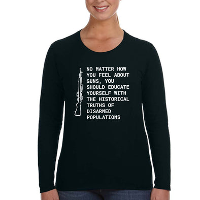 XtraFly Apparel Women&#39;s Educate Yourself Guns 2nd Amendment 4th July Fourth Patriot Trump American Pride Rifle USA Army Long Sleeve T-Shirt