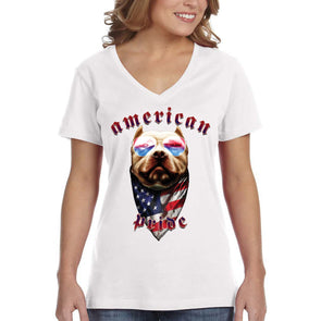 XtraFly Apparel Women&#39;s American Pride Dog Pitbull Gangster America Flag USA 2nd Amendment Gun Trump Military 4th July Fourth V-neck T-shirt