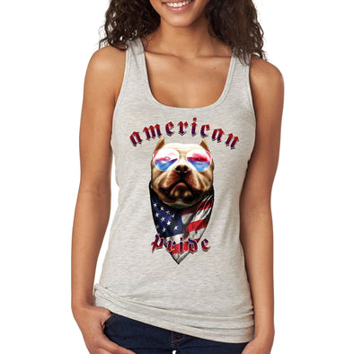 XtraFly Apparel Women&#39;s American Pride Dog Pitbull Gangster America Patriot USA 2nd Amendment Gun Trump Military 4th July Fourth Racerback