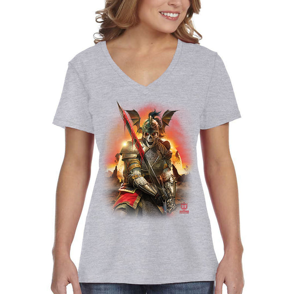 XtraFly Apparel Women&#39;s Apocalypse Grim Reaper Undead Underworld Devil Skeleton Gothic Warrior Fantasy Demon Skull Dragon Orc V-neck T-shirt