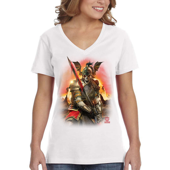 XtraFly Apparel Women&#39;s Apocalypse Grim Reaper Undead Underworld Devil Skeleton Gothic Warrior Fantasy Demon Skull Dragon Orc V-neck T-shirt
