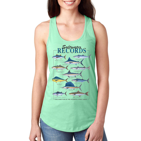 XtraFly Apparel Women&#39;s Saltwater Records Albacore King Mackerel Blue Marlin Amberjack Great Barracuda Swordfish Sailfish Cobia Racerback