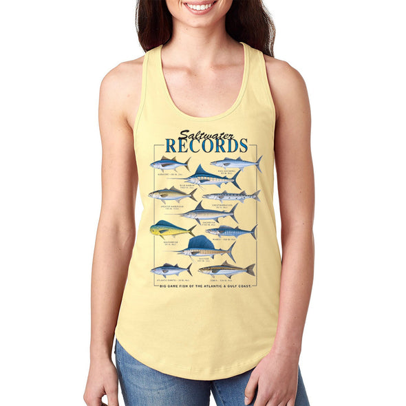 XtraFly Apparel Women&#39;s Saltwater Records Albacore King Mackerel Blue Marlin Amberjack Great Barracuda Swordfish Sailfish Cobia Racerback