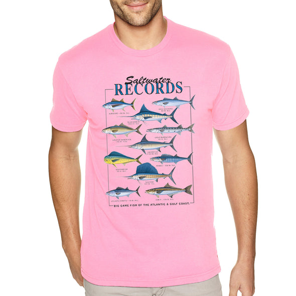 XtraFly Apparel Men&#39;s Tee Saltwater Records Albacore King Mackerel Blue Marlin Amberjack Great Barracuda Swordfish Sailfish Crewneck T-shirt