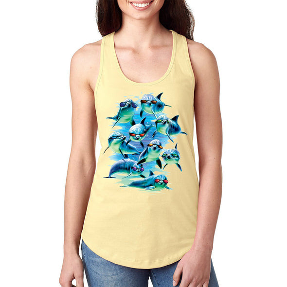 XtraFly Apparel Women&#39;s Mob Squad Dolphin Pod Swim Swimming Fish Fishing Diving Surf Surfing Vacation Great White Shark Mako Ocean Racerback