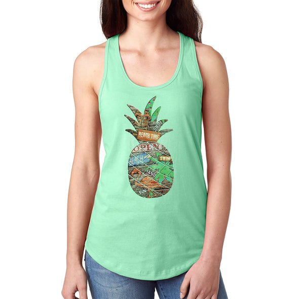 XtraFly Apparel Women&#39;s Beach Pineapple Tropical Vacation Tiki Flamingo Palm Tree Hawaii Hawaiian Summer Surf Surfing Swim Ocean Racerback