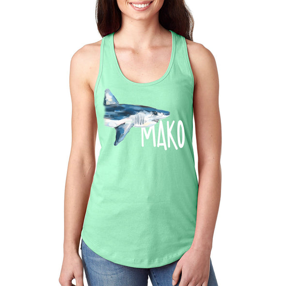 XtraFly Apparel Women&#39;s Mako Shark Great White Hammer Head Bull Tiger Fish Fishing Ocean Swim Diving Boating Fisherman Beach Sea Racerback