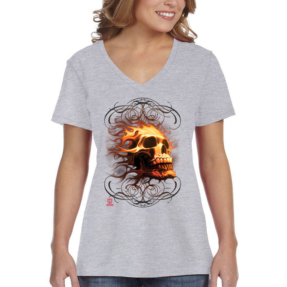 XtraFly Apparel Women's Fire Skull Flames Flaming Skeleton Biker Rider Motorcycle Undead Grim Reaper Underworld Demon Gothic V-neck T-shirt