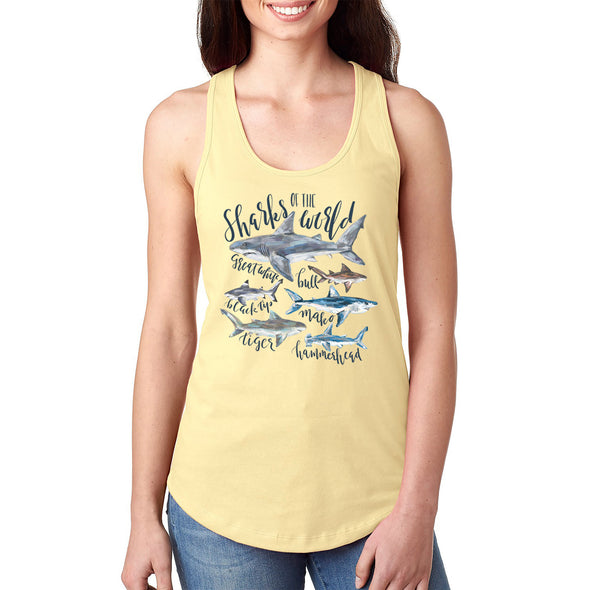 XtraFly Apparel Women&#39;s Sharks Of The World Great White Black Tip Bull Mako Tiger Hammerhead Fish Fishing Diving Beach Ocean Sea Racerback