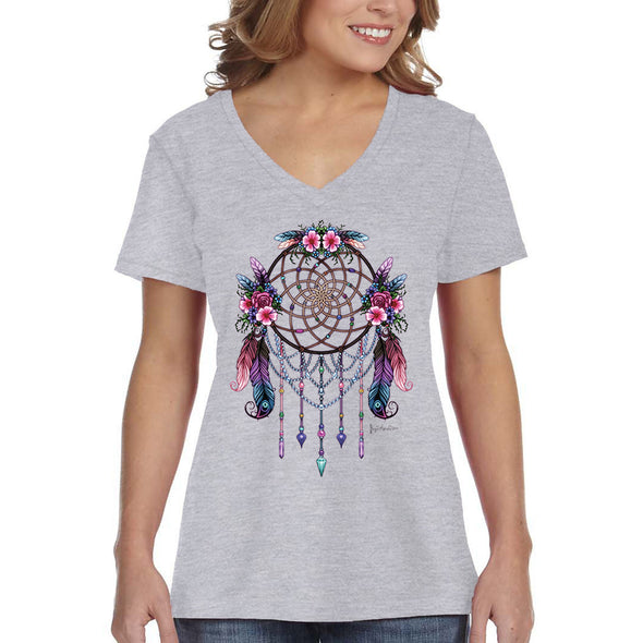XtraFly Apparel Women&#39;s Dreamcatcher Flowers Native American Tribal Spirit Ojibwe Chippewa Cherokee Indian Tribe Spiritual V-neck T-shirt