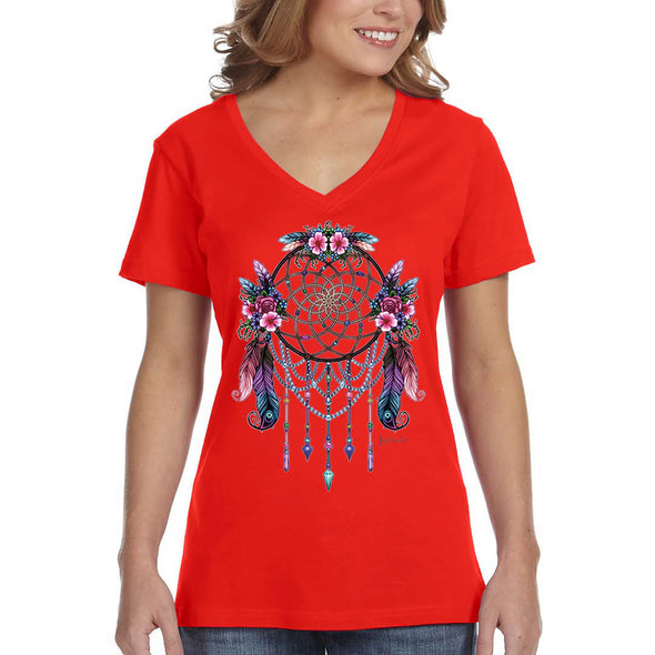 XtraFly Apparel Women&#39;s Dreamcatcher Flowers Native American Tribal Spirit Ojibwe Chippewa Cherokee Indian Tribe Spiritual V-neck T-shirt